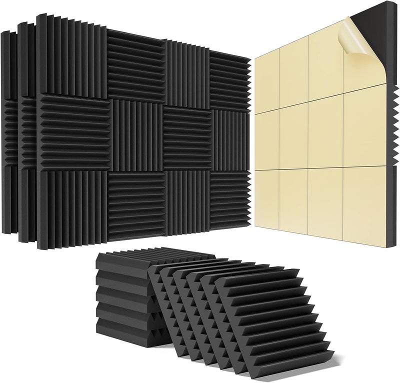 HEMRLY 48 Pack Sound Proof Foam Panels for Walls,2" X 12" X 12"Self-Adhesive Foam Acoustic Panels Sound Absorbing,High Density Quick-Recovery Soundproof Wall Panels -Black - Image 1